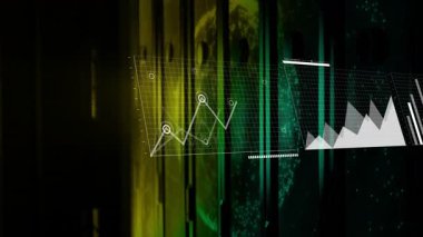 Veri görselleştirmesi için dijital dünya haritasındaki grafikler ve çizelgeler. analitik, teknoloji, fütüristik, küresel, etkileşimli, bilgi