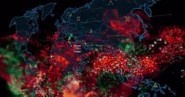 Kırmızı ve yeşil veri noktaları ve ağları olan dünya haritasının dijital animasyonu. Küresel, bağlantı, analiz, görselleştirme, teknoloji, soyut