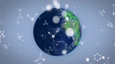 Moleküler yapı animasyonuyla çevrili yeşil ağ hatları olan bir dünya. Bağlantı, teknoloji, yenilik, dijital, iletişim, veri