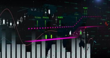 Finansal veriler ve dünya haritası üzerinde borsa analizi. Maliye, ekonomi, yatırım, küresel, ticaret, analitik