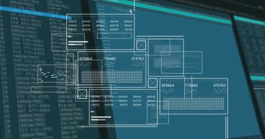 Mavi arkaplandaki sayılarla dijital veri ve kodlama arayüzünün animasyonu. Teknoloji, ikili, sanal, yazılım, geleceksel
