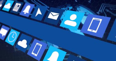 Bildirimler için dijital simgelerin animasyonu ve teknoloji geçmişi üzerinden haberler. communication, networking, interface, futuristic, innovation, data