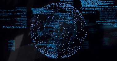 Ağ bağlantıları olan dijital dünyanın animasyonu ve koyu arkaplanda kod. Global, teknoloji, bağlantı, iletişim, veri, siber güvenlik