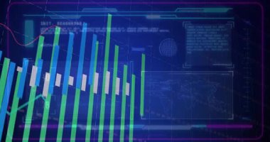 Dijital veri ve dünya haritası üzerinden renkli çubuk ve çizgi grafiklerinin animasyonu. analitik, finans, istatistik, teknoloji, iş, ekonomi