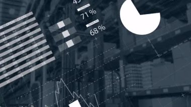 Pasta grafiği ve çubuk grafiği, endüstriyel arkaplanda metin ile animasyon. Analizler, veri görselleştirme, iş, istatistik, teknoloji, bilgi