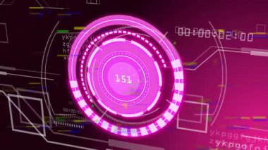 Fütürist dijital animasyondaki pembe dairesel grafikler ve veri işleme elementleri. Teknoloji, soyut, yenilik
