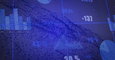 Soyut mavi arkaplanda animasyon içeren grafikler ve sayısal değerler. Veri, analitik, finans, teknoloji, hareket, dijital