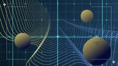 Dinamik dalga çizgileri ve artı sembollerle ızgara üzerinde yüzen kürelerin animasyonu. Soyut, geometrik, dijital, geleceksel, hareket, teknoloji