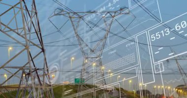Elektrik hatları ve matematiksel denklemlerle dolu gökyüzü manzarası. Kentsel, ufuk çizgisi, teknoloji, yenilik, elektrik, altyapı