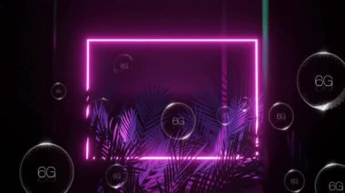 Palmiye yapraklarının üzerinde 6G yazı baloncukları olan neon pembe dikdörtgen animasyonu. Teknoloji, kablosuz, dijital, geleceksel, bağlantı, yenilik