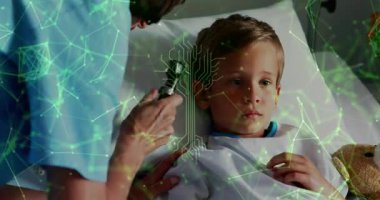 Çocuk inceleniyor, dijital ağ ve devre ile sağlık uzmanı animasyonu örtüyor. teknoloji, yenilik, inceleme, fütüristik