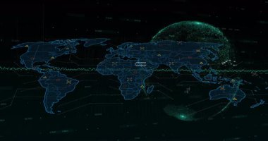 Veri noktaları ve dünya üzerindeki ağ bağlantılarıyla dijital dünya haritasının animasyonu. Global, teknoloji, yenilik, bağlantı, gelecek, iletişim