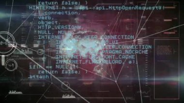 Dijital dünya haritasını veri bağlantılarıyla kaplayan programlama kodunun animasyonu. Teknoloji, yenilik, ağ, bağlantı, siber alan, küresel
