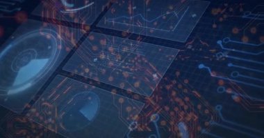 Mavi şebekeyi kaplayan dijital devre şablonları ve grafiklerin animasyonu. Teknoloji, soyut, geleceksel, ağ, bağlantı