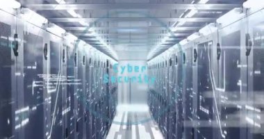 Modern tesisteki veri sunucuları üzerinde fütürist dijital güvenlik kilidi animasyonu. Teknoloji, siber güvenlik, yenilik, veri koruması, şifreleme, ağ