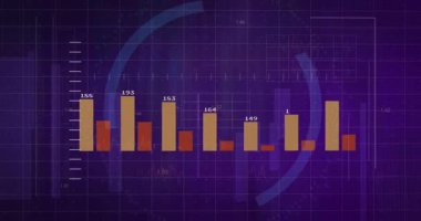 Çubuk grafiklerin ve çizgi çizelgelerinin fütüristik dijital arayüz tasarımıyla animasyonu. Veri görselleştirme, analitik, teknoloji, istatistik, bilgi grafikleri, ilerleme