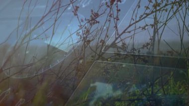 Manzara ve yel değirmeni üzerindeki veri işleme animasyonuyla geleceksel arayüz. Teknoloji, yenilik, yenilenebilir enerji, sürdürülebilirlik, çevre