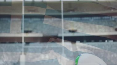 Stadyumun üzerinde rugby topu ve bayrak animasyonu. Spor, yarışma, saha, takım, atletizm, lig