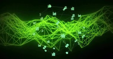 Finansal simgeler üzerinde yeşil bağlantı ağı ve veri işleme animasyonu. Teknoloji, finans, dijital, ağ, bağlantı, ekonomi