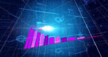 Dijital ağ arka planında pembe çubuk grafiği ve beyin çiziminin animasyonu. Teknoloji, yenilik, veri, analitik, fütüristik, soyut