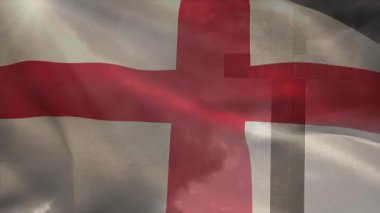 Bulutlu gökyüzüne kırmızı haç işareti sallamak, okuldaki hareketliliği canlandırmak. Sancak, sembol, sağlık, eğitim, bulutlar, acil durum