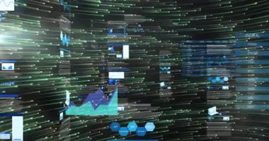 Veri tabloları ve grafikleri yeşil çizgilerle dijital ağ arkaplanının üzerinde. Analizler, veri görselleştirme, teknoloji, yenilik, fütüristik, dijital bağlantı