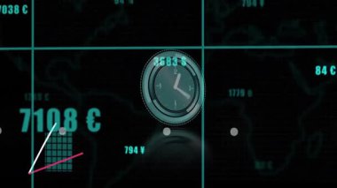 Dijital saat animasyonu üzerinde döviz sembolleri olan çubuk grafikler ve çizgi grafikleri. Finans, analitik, veri, iş, ekonomi, istatistik