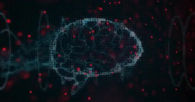 Kırmızı veri noktaları ve ızgara arka plan animasyonuna sahip dijital ağ küresi. Teknoloji, bağlantı, siber uzay