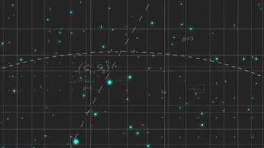 Matematiksel denklemlerin animasyonu ve karanlık şebeke arka planında parlayan noktalar. Bilim, teknoloji, matematik, soyut, dijital, fütüristik