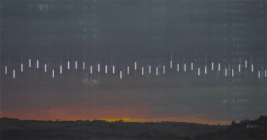 Canlandırılmış çizgilerle gün batımı manzarası ve sahneyi kaplayan sayısal veriler. Görselleştirme, veri analizi, teknoloji, yenilik, fütüristik, bilgi