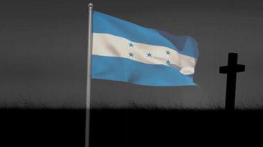 Honduras bayrağı karanlık gökyüzüne karşı animasyonla çapraz siluetin yanında dalgalanıyor. Vatanseverlik, ulusal, sembol, maneviyat, inanç, gece