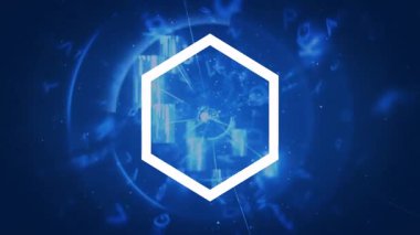 Girdap gibi mavi arkaplanı olan altıgen şekilli animasyon, dağınık harfler, sayılar. Soyut, geometrik, dijital, teknoloji, hareket, tipografi