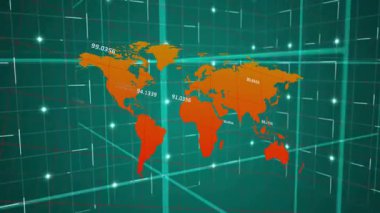Sayısal veri ve ağ bağlantılarının animasyonu ile dünya haritası gösteriliyor. Küresel, bağlantı, iletişim, teknoloji, veri görselleştirme, bilgi