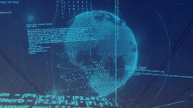 Günbatımında elektrik hatları üzerinde ikili kodlu dijital dünyanın animasyonu. Teknoloji, enerji, ağ, iletişim, veri, fütüristik