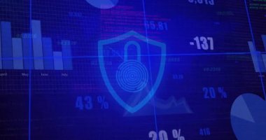 Veri tabloları ve grafiklerin üzerinde parmak izi olan dijital güvenlik kalkanı. Siber güvenlik, şifreleme, koruma, teknoloji, analiz, gizlilik