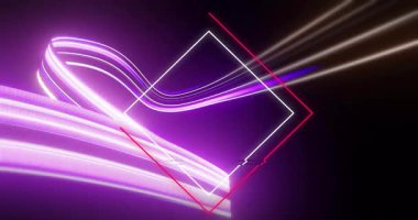 Animasyonda dinamik soyut tasarım, neon geometrik şekiller ve ışık yolları yaratmak. Fütürist, canlı, dijital, modern