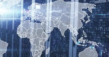 Veri sunucuları üzerinde dünya haritasını oluşturan küresel ağ bağlantılarının animasyonu. Teknoloji, bağlantı, dijital, dünya çapında, iletişim, haritalama