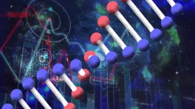 DNA iplikçikleri, bilimsel veri işlemeyi temsil eden ikili kodlarla iç içe geçiyor. Genetik, biyoteknoloji, dijital, kodlama, teknoloji, analiz