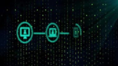Matrix biçimli ikili kod animasyonu üzerinden ağa bağlı dijital aygıtlar. Teknoloji, ağ oluşturma, bağlantı, veri, iletişim, siber