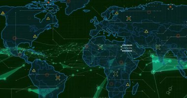 Ağ bağlantıları ve veri işleme elementleriyle dijital dünya haritasının animasyonu. Küresel, bağlantı, teknoloji, iletişim, ağ, siber uzay