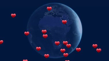 Dünya 'nın üzerinde yüzen kırmızı kalplerin animasyonu uzayda sevgi ve birliği simgeliyor. Uyum, küresel, birliktelik