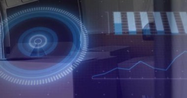 Dijital arayüzdeki mavi grafiklerle geleceksel veri görselleştirmesinin animasyonu. Teknoloji, yenilik, analitik, sanal, bilgi, tasarım