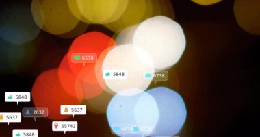 Sosyal medya bilgilendirme simgelerinin yüzdüğü renkli bokeh ışıklarının animasyonu. Soyut, iletişim, bağlantı, mesajlaşma, dijital, çok renkli