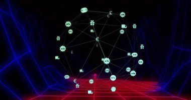 Dijital ağ arkaplanı üzerinden bağlanan para birimi sembollerinin animasyonu. finans, engelleme zinciri, bağlantı, teknoloji, sanal