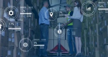 Lojistik, veri işleme animasyon örtüşen depo çalışanları hakkında konuşmak. arz zinciri, takım çalışması, otomasyon, veri analizi, işlemler, yönetim