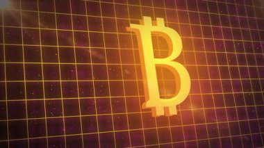 Mor şebeke üzerinde dijital animasyon ile parlayan Bitcoin sembolü. Kripto para birimi, engelleme zinciri, dijital para birimi, fintech, sanal, fütürist