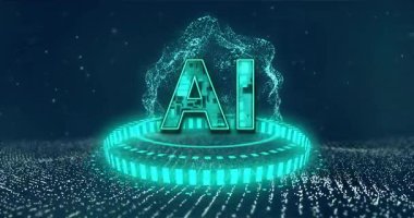 Fütürist animasyon teknolojisi elementleriyle dijital ortamda parlayan yapay zeka metni. sanal, yenilik, yapay zeka, neon, siber uzay, ağ