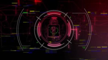 Karanlık dijital arayüz arka planında animasyonu olan parlak kırmızı asma kilit simgesi. Siber güvenlik, koruma, şifreleme, teknoloji, güvenli, canlandırılmış