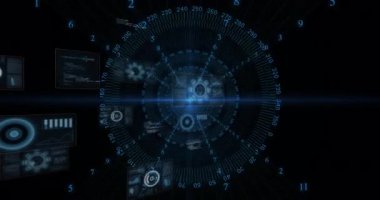 Karanlık uzayda dönen verilerle gelecekteki dijital arayüzün animasyonu. Teknoloji, siber, yenilik, sanal, gelişmiş