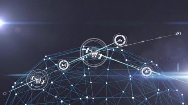 Karanlık arkaplan üzerinde bağlantılar ve veri işleme animasyonu ağı. Teknoloji, dijital, bağlantı, gelecek, bilgi, iletişim